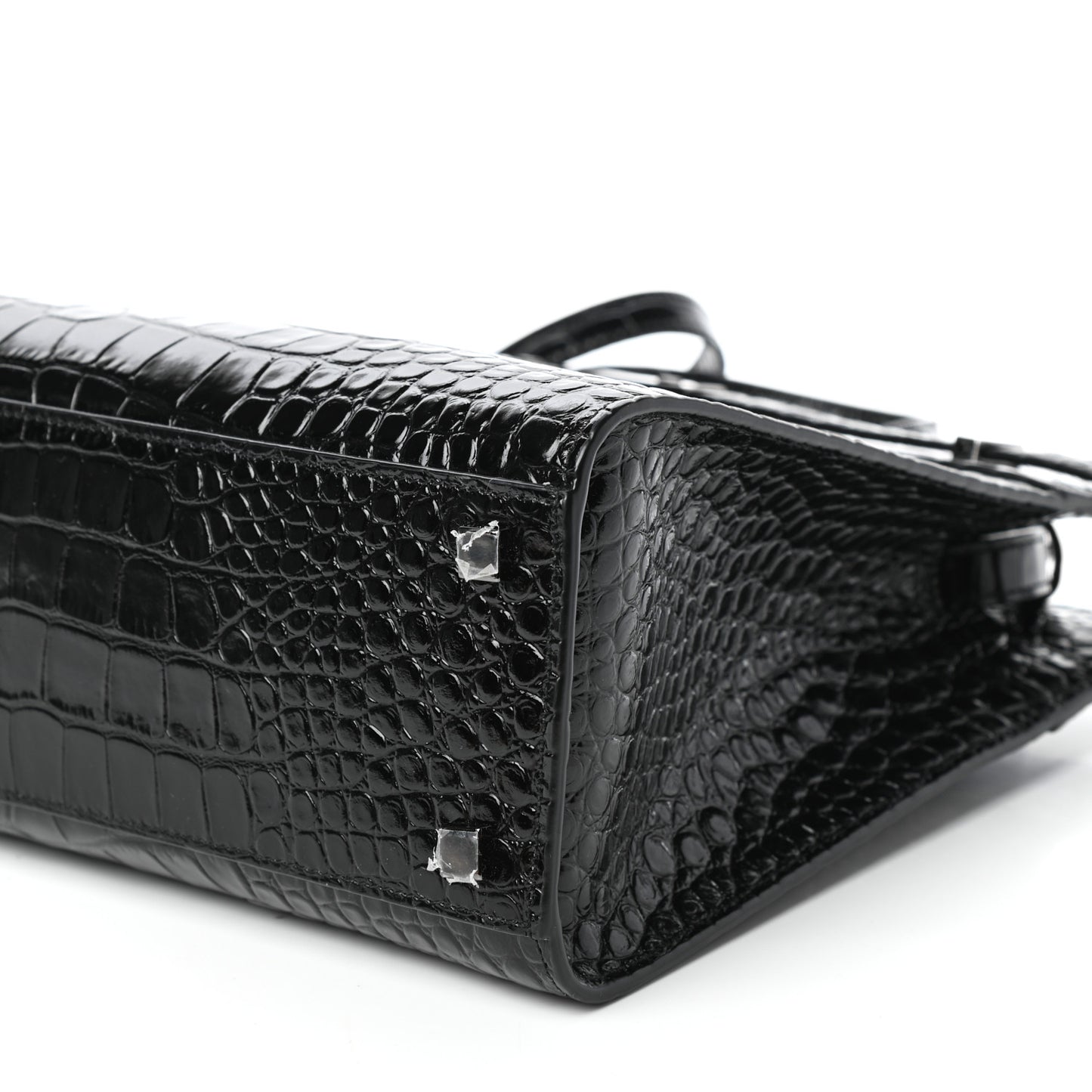 Shiny Calfskin Crocodile Embossed Small Manhattan Shopper Tote Black