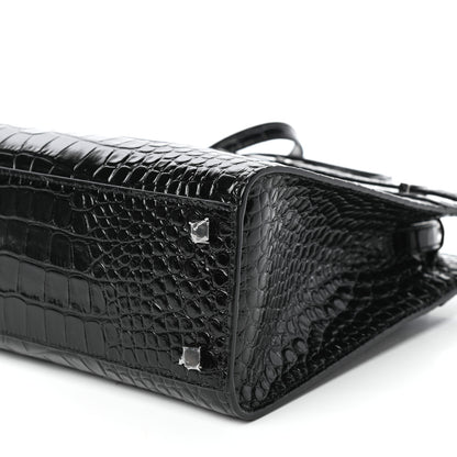 Saint Laurent Shiny Calfskin Crocodile Embossed Small Manhattan Shopper Tote Black 8 of 9