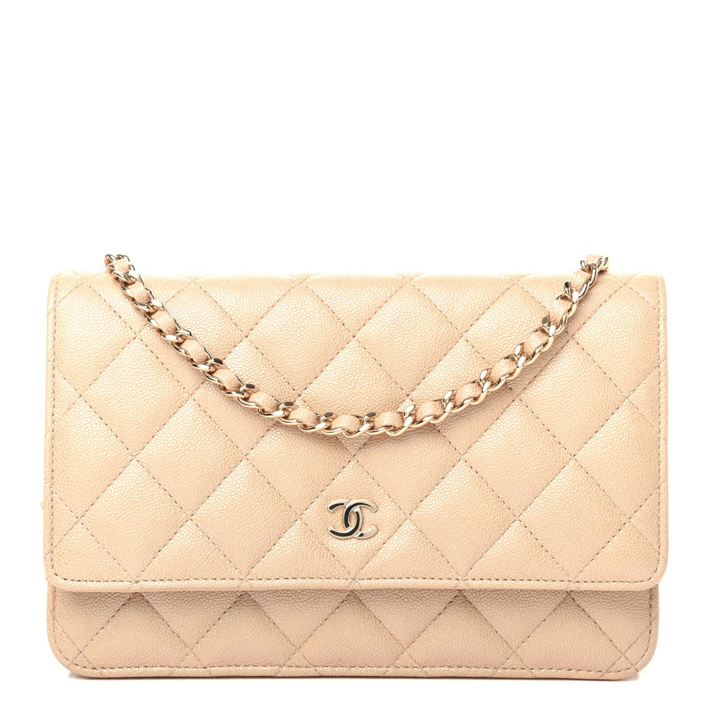 Iridescent Caviar Quilted Wallet On Chain WOC Beige