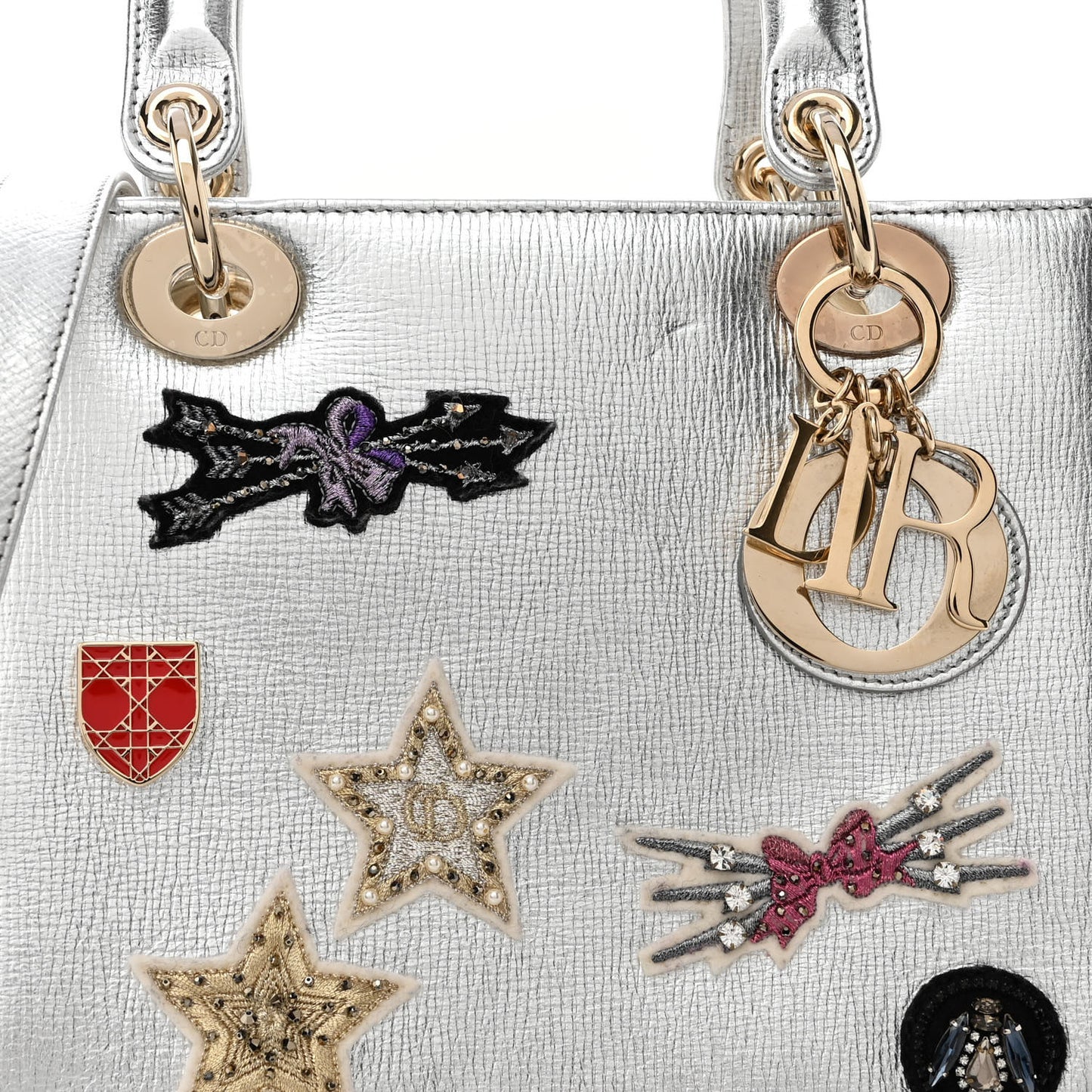 Metallic Calfskin Embroidered Lady Dior Silver Multicolor