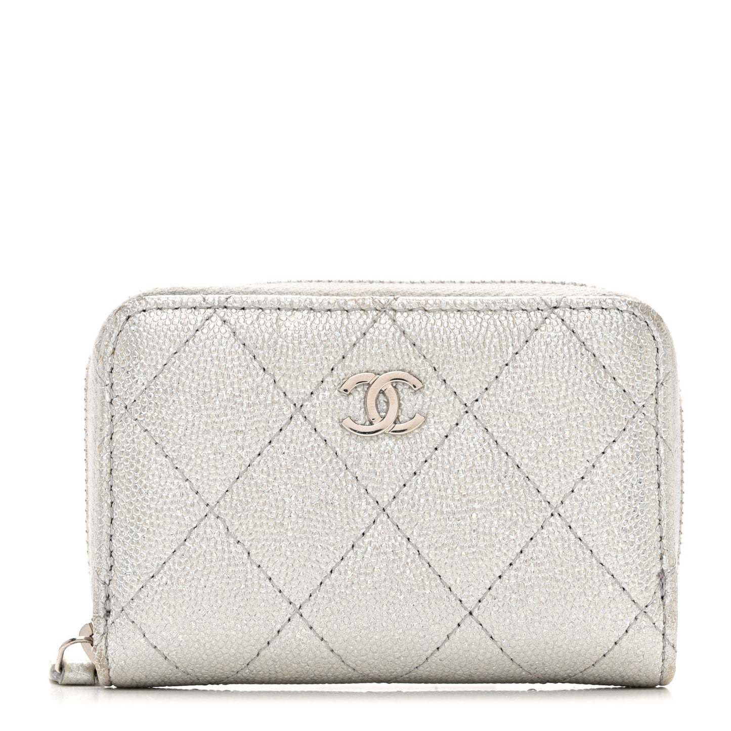 Glittered Metallic Caviar Quilted Zip Coin Purse Wallet Silver
