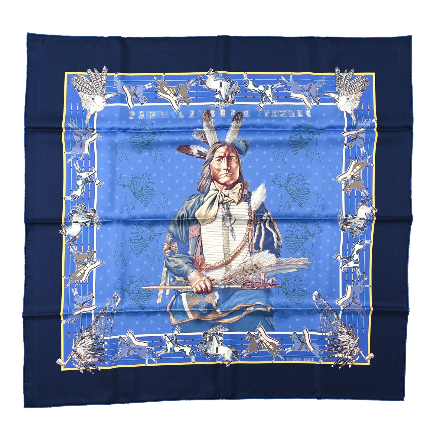 Silk Double Face Pani La Shar Pawnee Scarf 90 Marine Ciel Bleu Marine