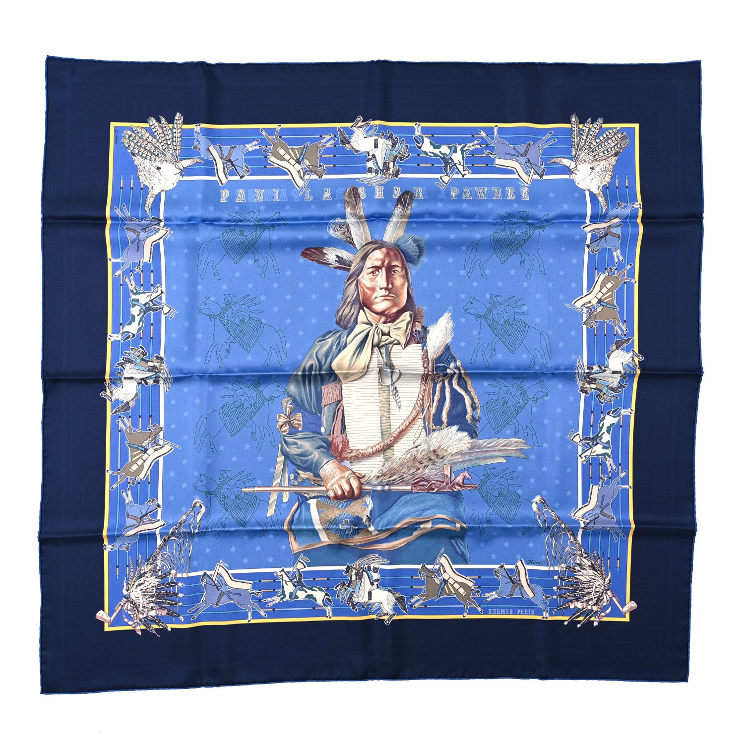 Hermes Silk Double Face Pani La Shar Pawnee Scarf 90 Marine Ciel Bleu Marine 1 of 7