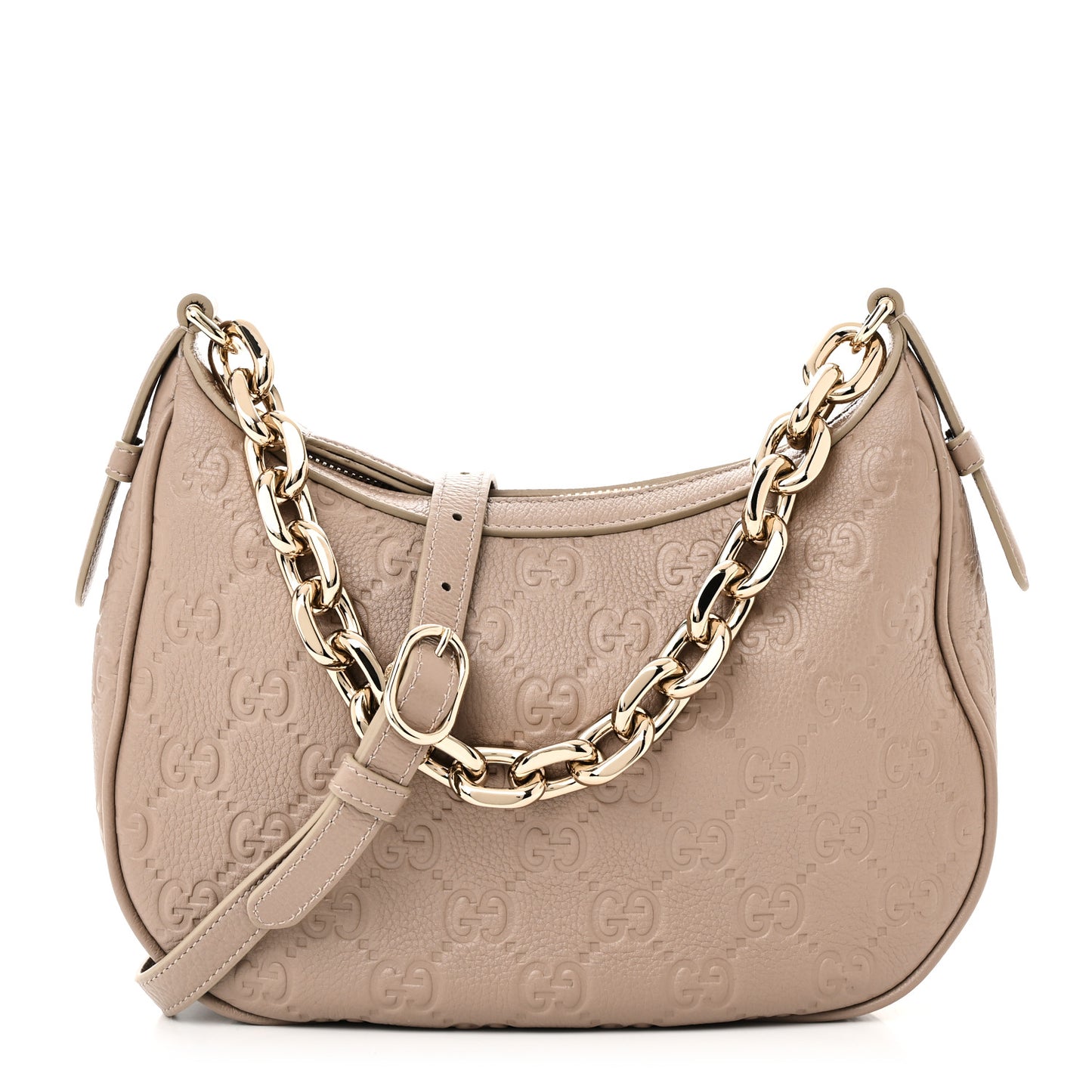 Grainy Calfskin GG Embossed Emblem Medium Half Moon Shoulder Bag Taupe