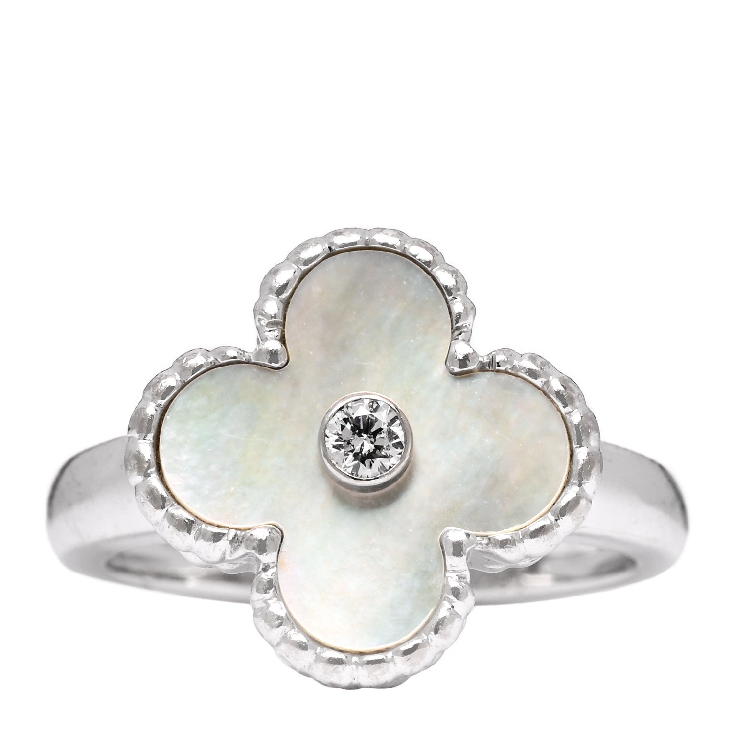 Van Cleef & Arpels 18K White Gold Diamond Mother of Pearl Vintage Alhambra Ring 51 5.75 1 of 5