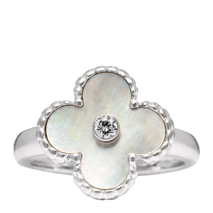Van Cleef & Arpels 18K White Gold Diamond Mother of Pearl Vintage Alhambra Ring 51 5.75 1 of 5