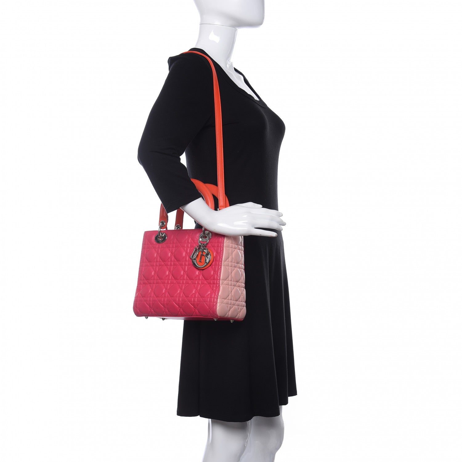 Christian Dior Lambskin Cannage Tri-Color Medium Lady Dior Orange Riviera Fuchsia Cosmopolitan Lipstick Natural 2 of 9