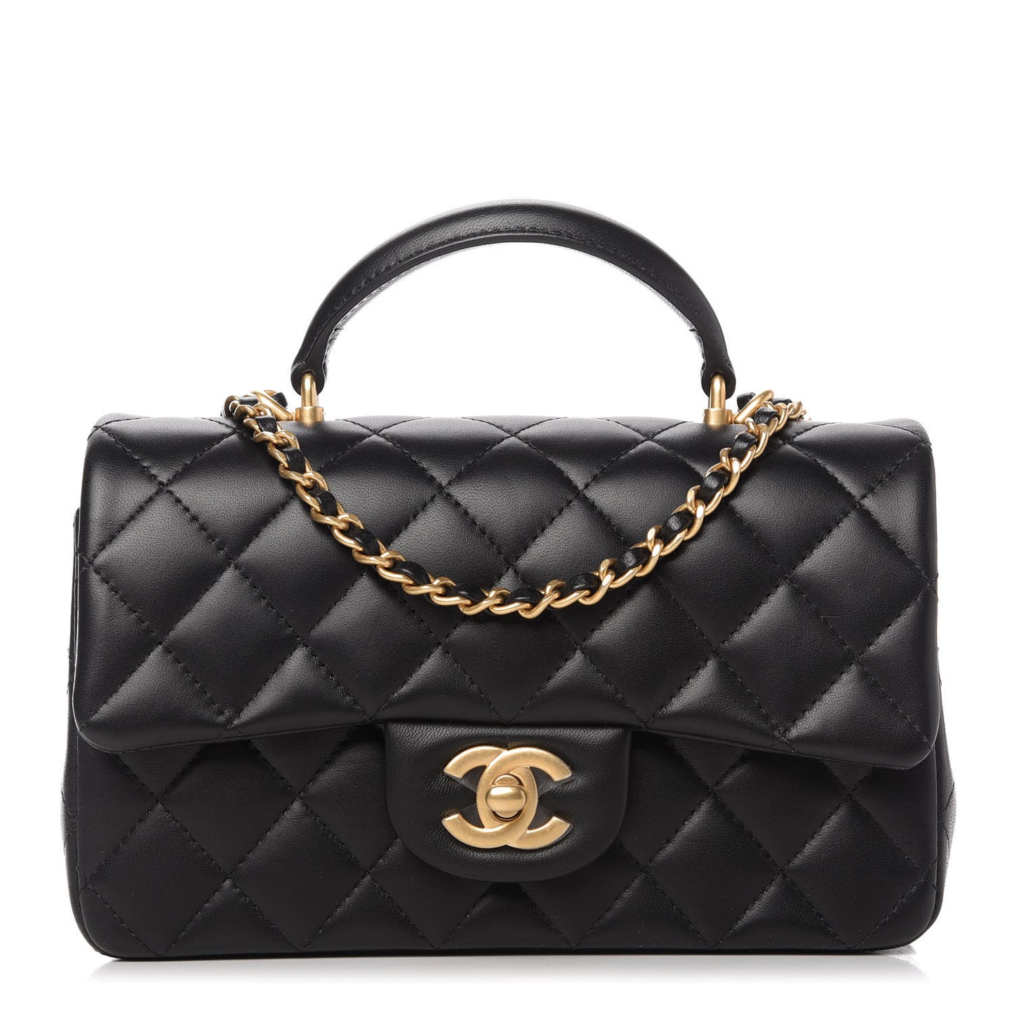 Lambskin Quilted Mini Top Handle Rectangular Flap Black