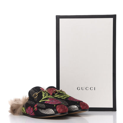 Gucci Brocade Fur Floral Womens Princetown Slippers 37 Black Anthracite 9 of 9