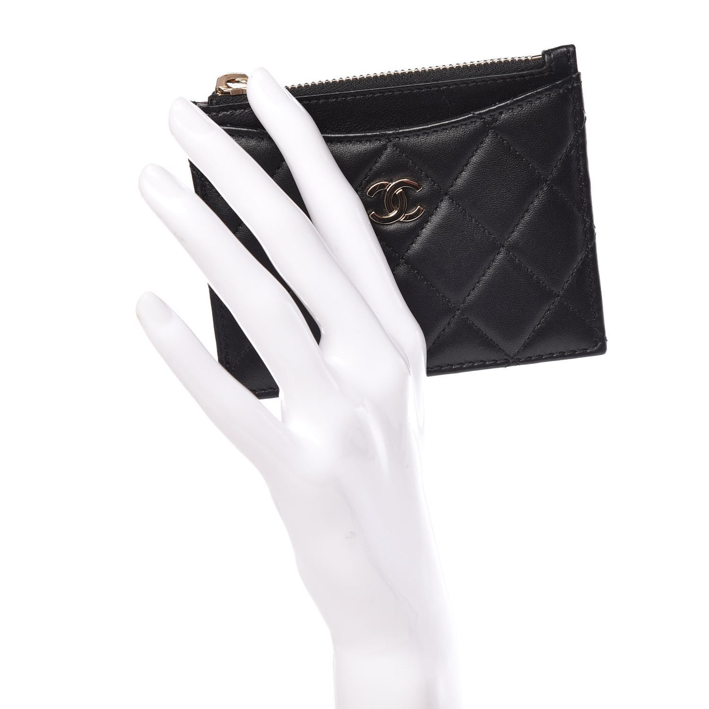 Lambskin Quilted Zip Card Holder Black
