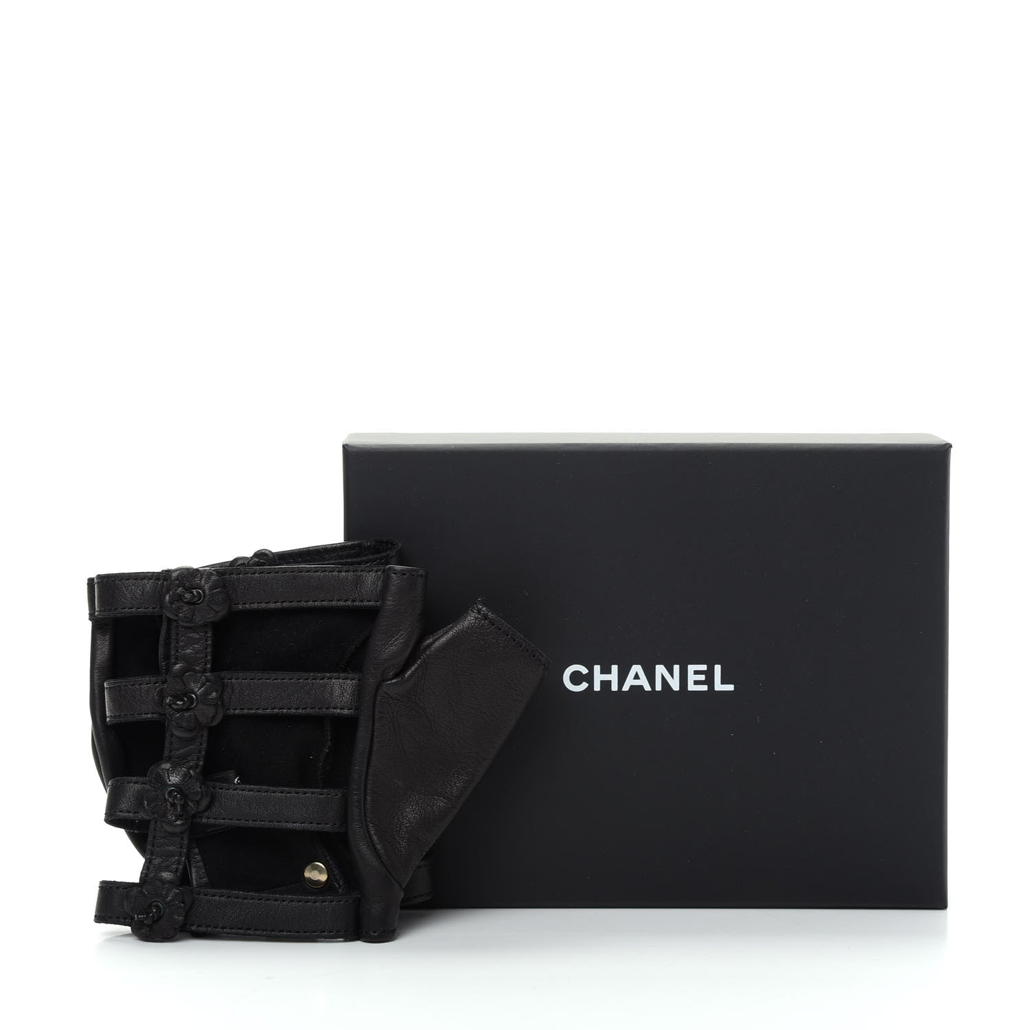 Chanel Lambskin Camellia Fingerless Gloves 8 Black 5 of 5