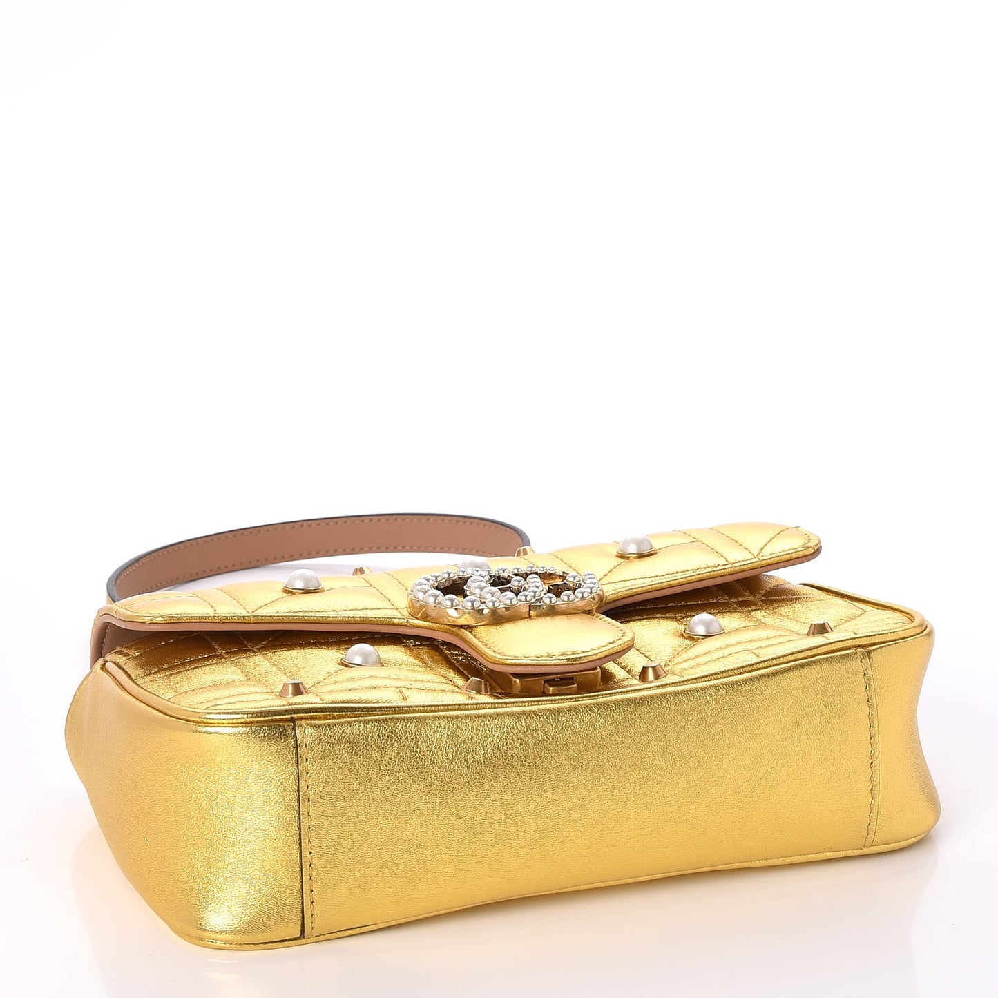 Metallic Calfskin Matelasse Studded Mini Pearly GG Marmont Shoulder Bag Gold