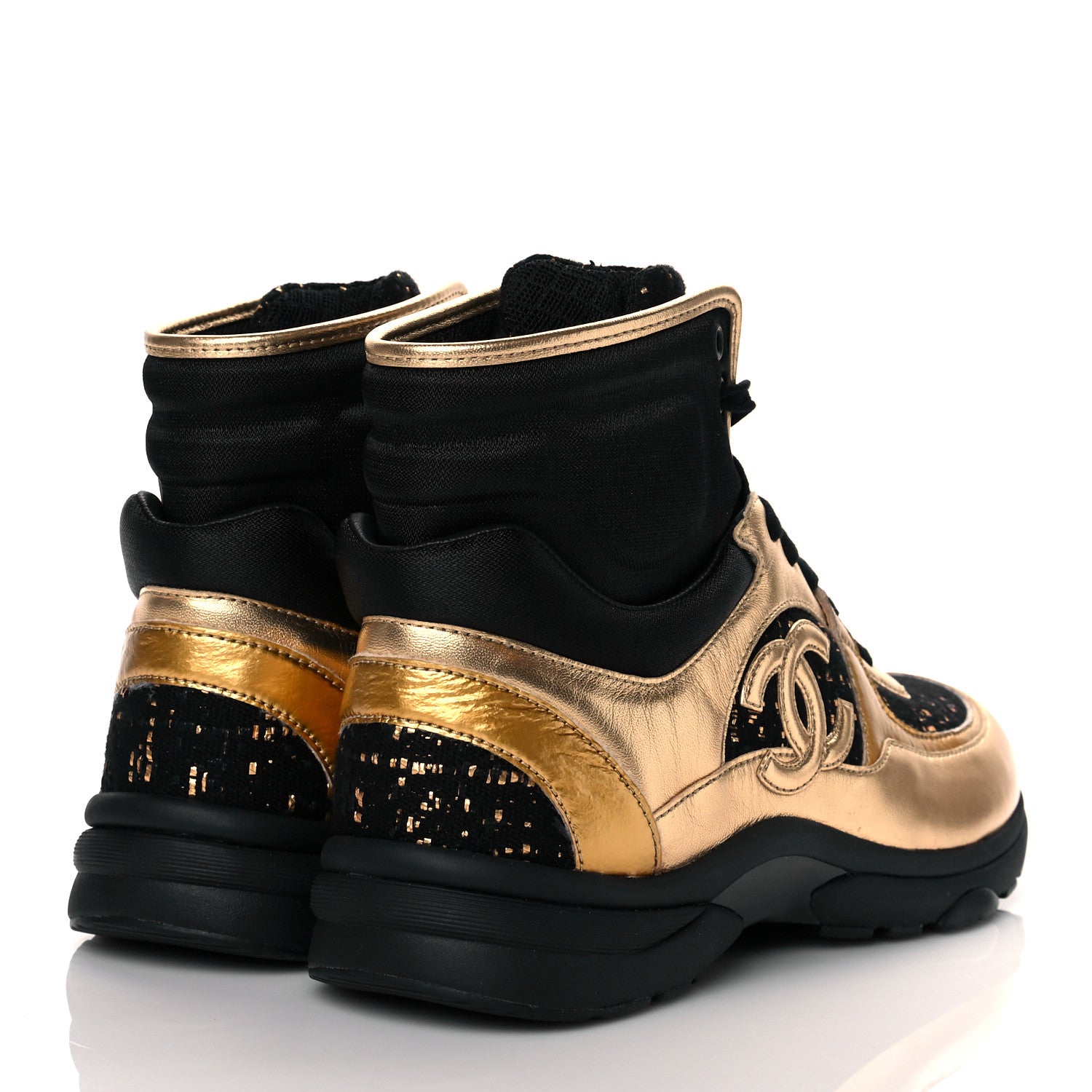 Chanel Satin Lambskin Fabric Tweed CC High Top Sneakers 37.5 Black Gold 4 of 10