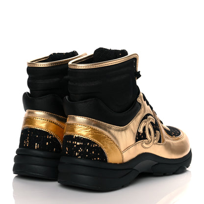 Chanel Satin Lambskin Fabric Tweed CC High Top Sneakers 37.5 Black Gold 4 of 10