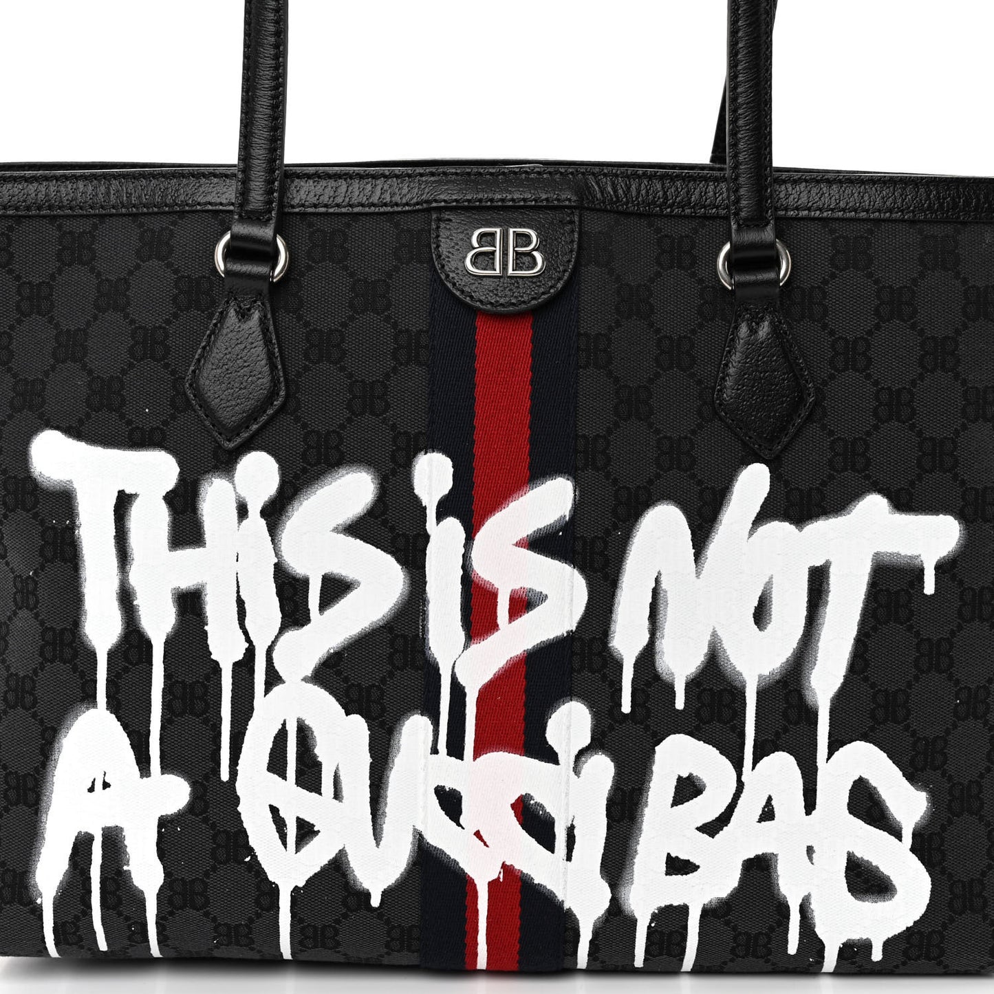 X BALENCIAGA BB Monogram Web Graffiti Medium Ophidia Shopping Tote Black