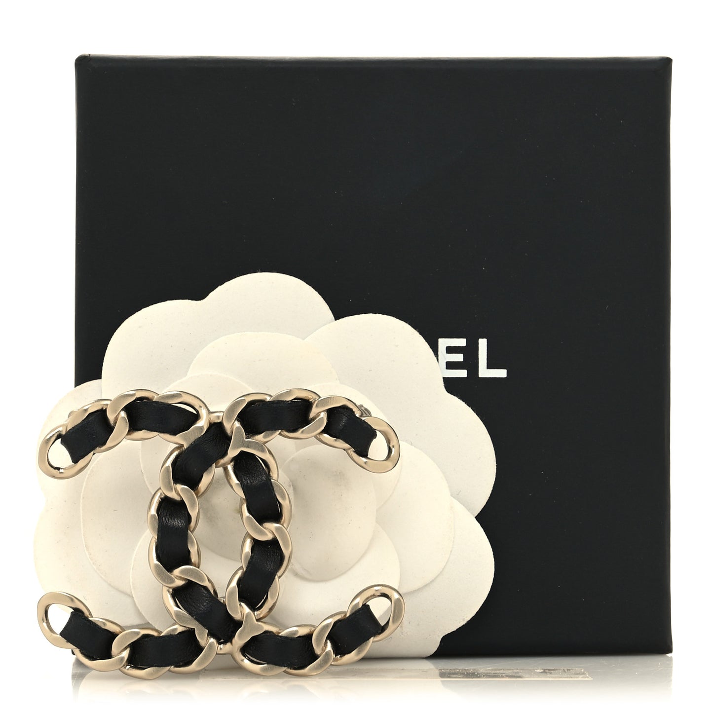 Lambskin Chain CC Brooch Black Gold