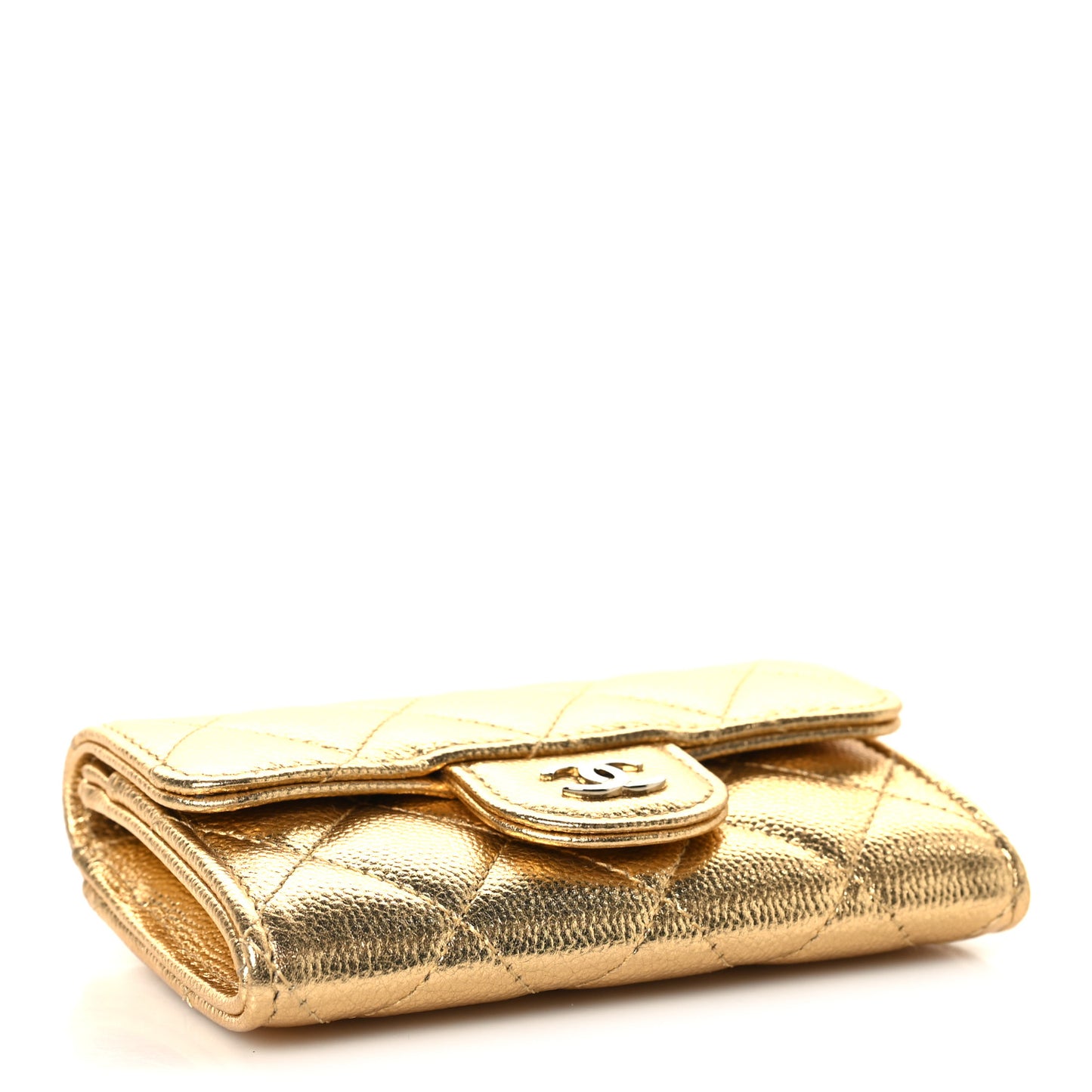 Metallic Caviar Quilted Flap Card Holder Wallet Gold