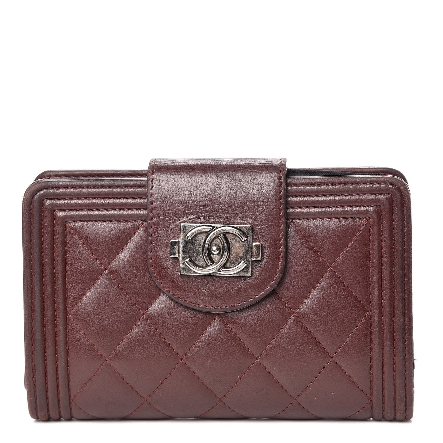 Lambskin Quilted Boy Zipped Pocket Wallet Burgundy