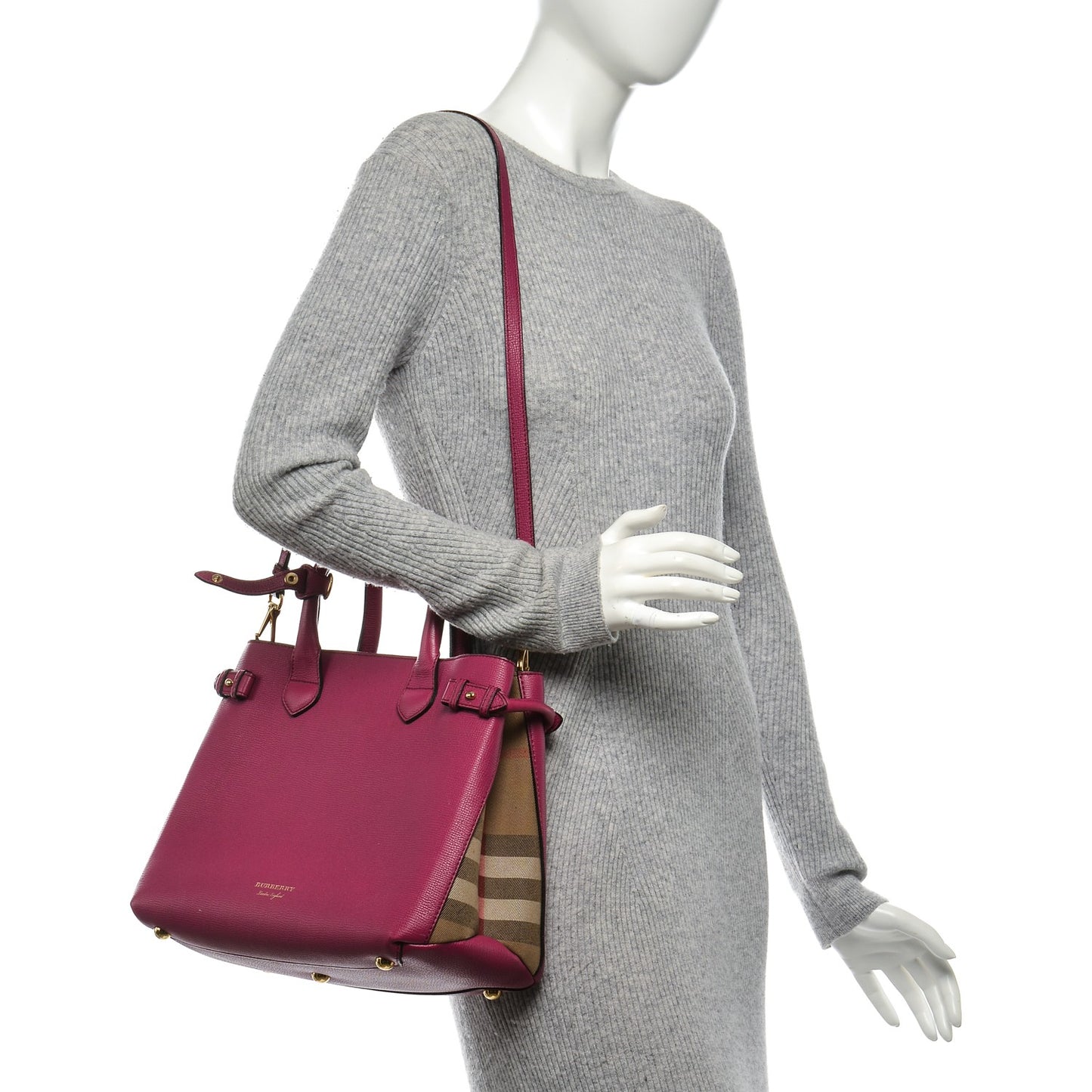 Grainy Calfskin House Check Medium Banner Tote Brilliant Fuchsia