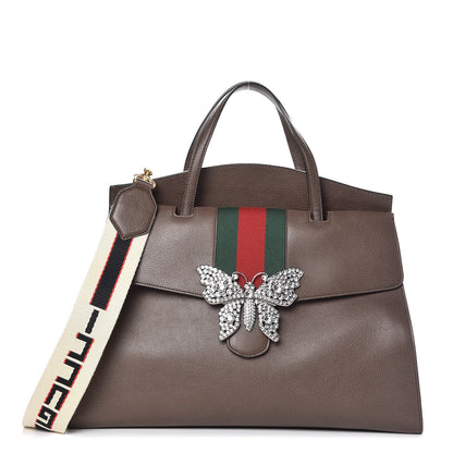 Gucci Textured Calfskin Web Crystal Butterfly Stripe Large Totem Top Handle Bag New Acero 1 of 10
