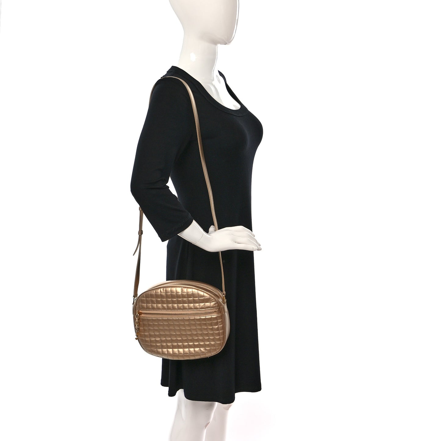 Laminated Calfskin Quilted Medium C Charm Bag Gold
