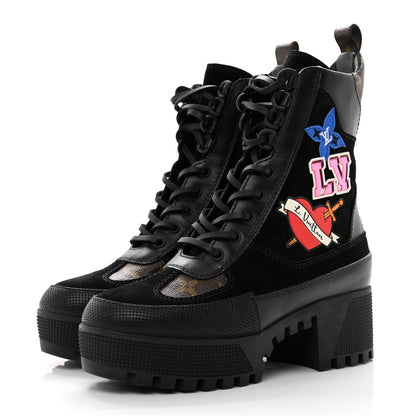Louis Vuitton Suede Calfskin Monogram LV Black Heart Laureate Platform Desert Boots 35 Black 4 of 9