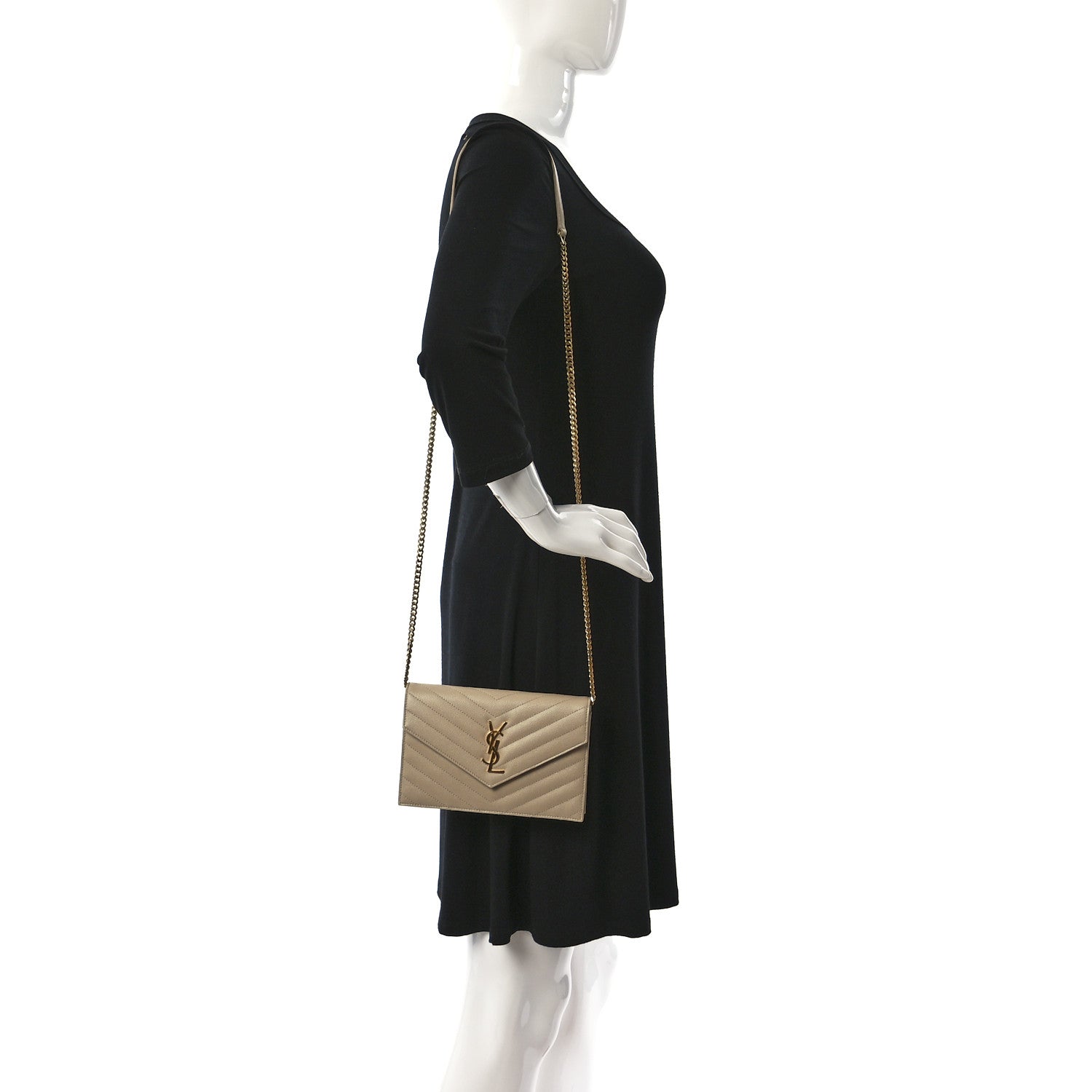 Saint Laurent Grain De Poudre Matelasse Chevron Monogram Envelope Chain Wallet Nude Powder 2 of 12