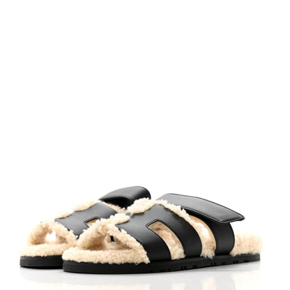 Hermes Calfskin Woolskin Chypre Sandals 37 Black Ecru 4 of 11