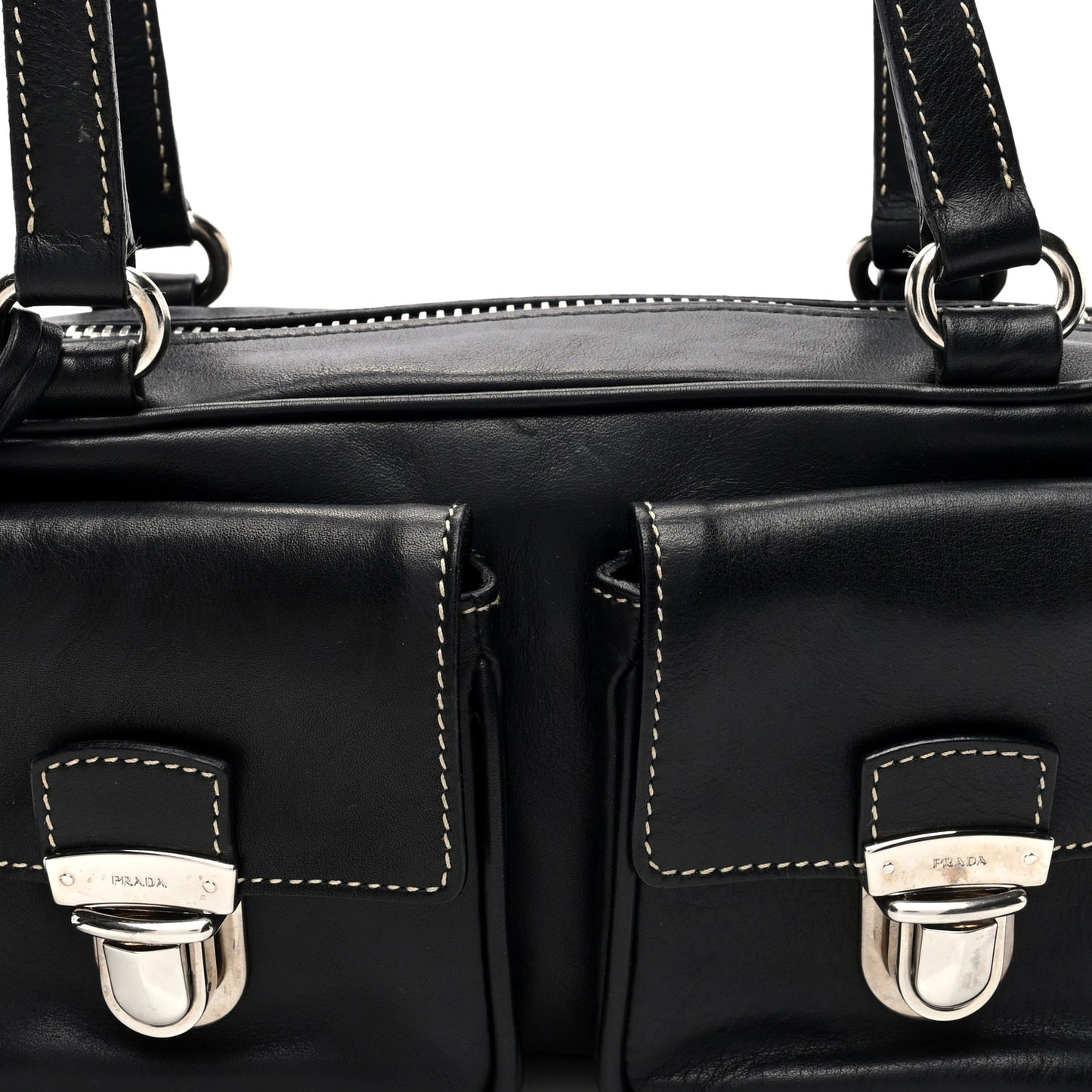 Vitello Heavy Push Lock Pocket Shoulder Bag Black