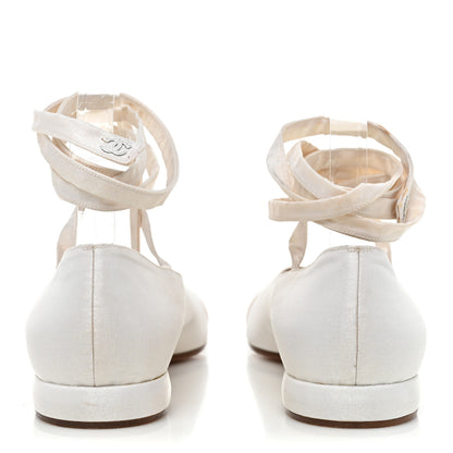 Chanel Satin Cap Toe Ballerina Ankle Wrap Flats 40 White Beige 4 of 13