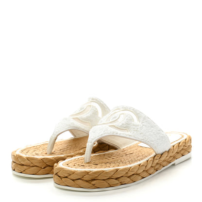 Chanel Terry Cloth Raffia CC Logo Thong Sandals 37 White 3 of 9