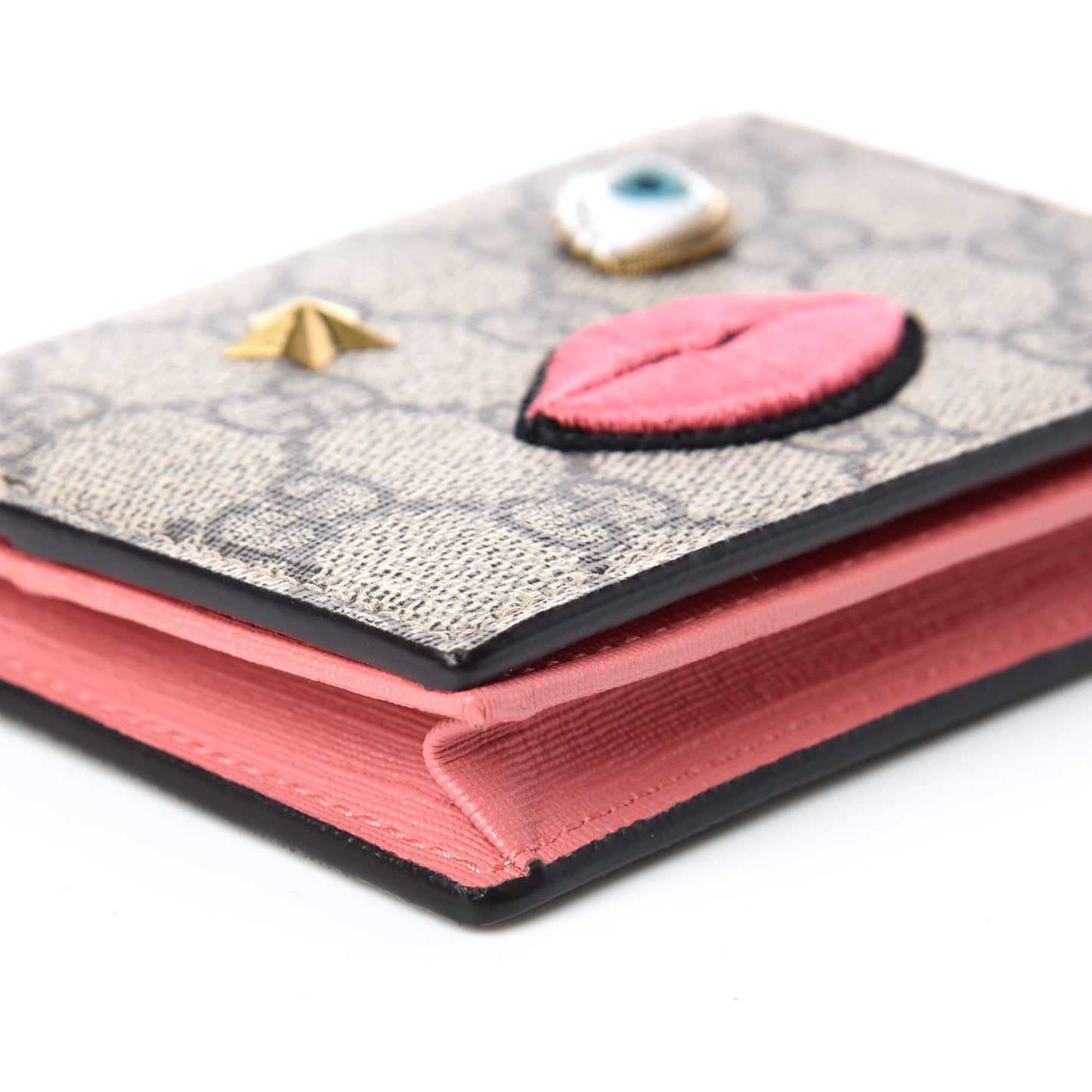 GG Supreme Monogram Face Embroidered Card Case Wallet Pink