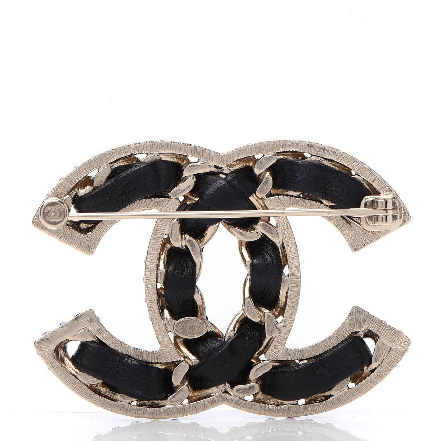 Lambskin Crystal CC Chain Brooch Black Gold Multicolor
