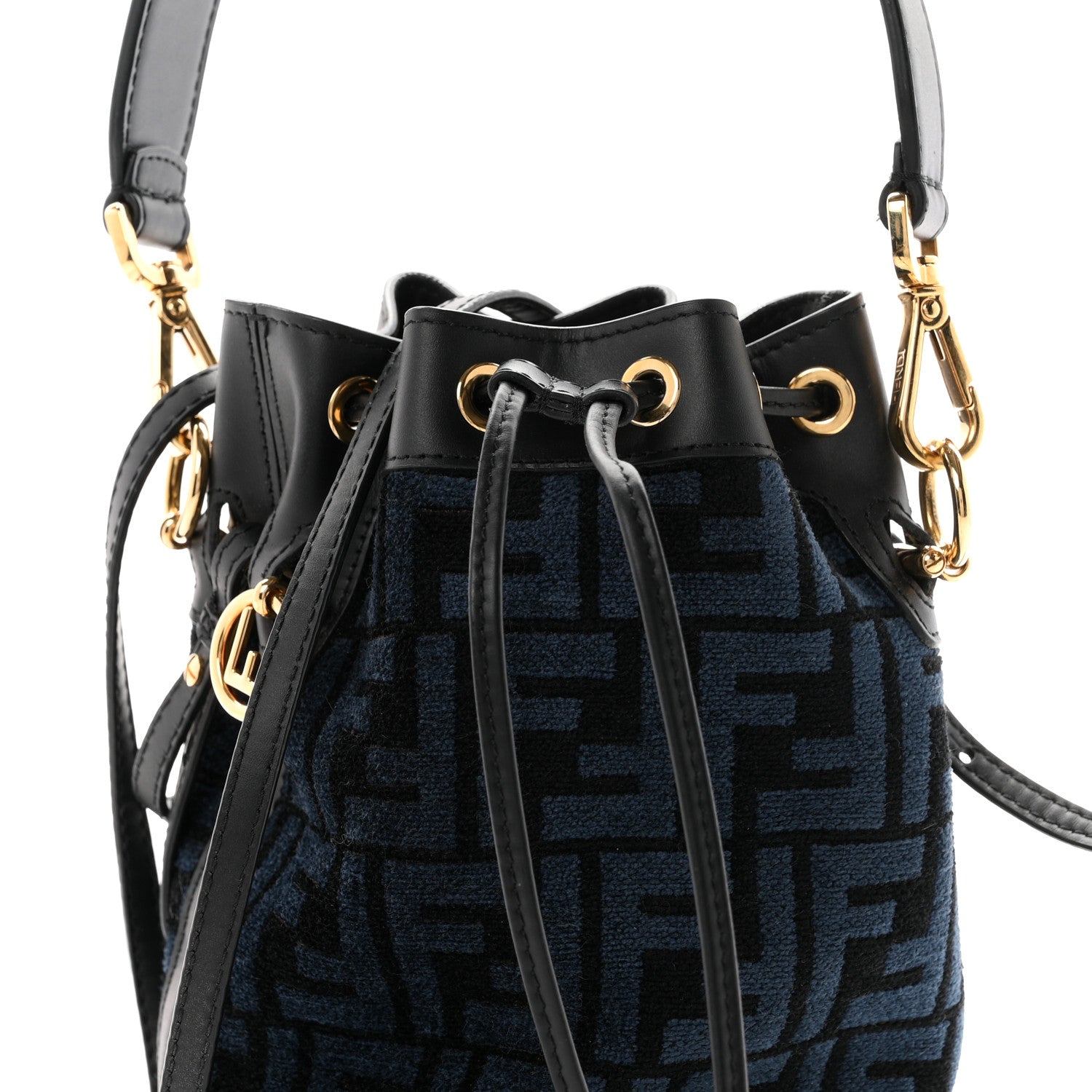 Fendi Chenille Vitello King FF Mini Mon Tresor Bucket Bag Blue Black 7 of 9