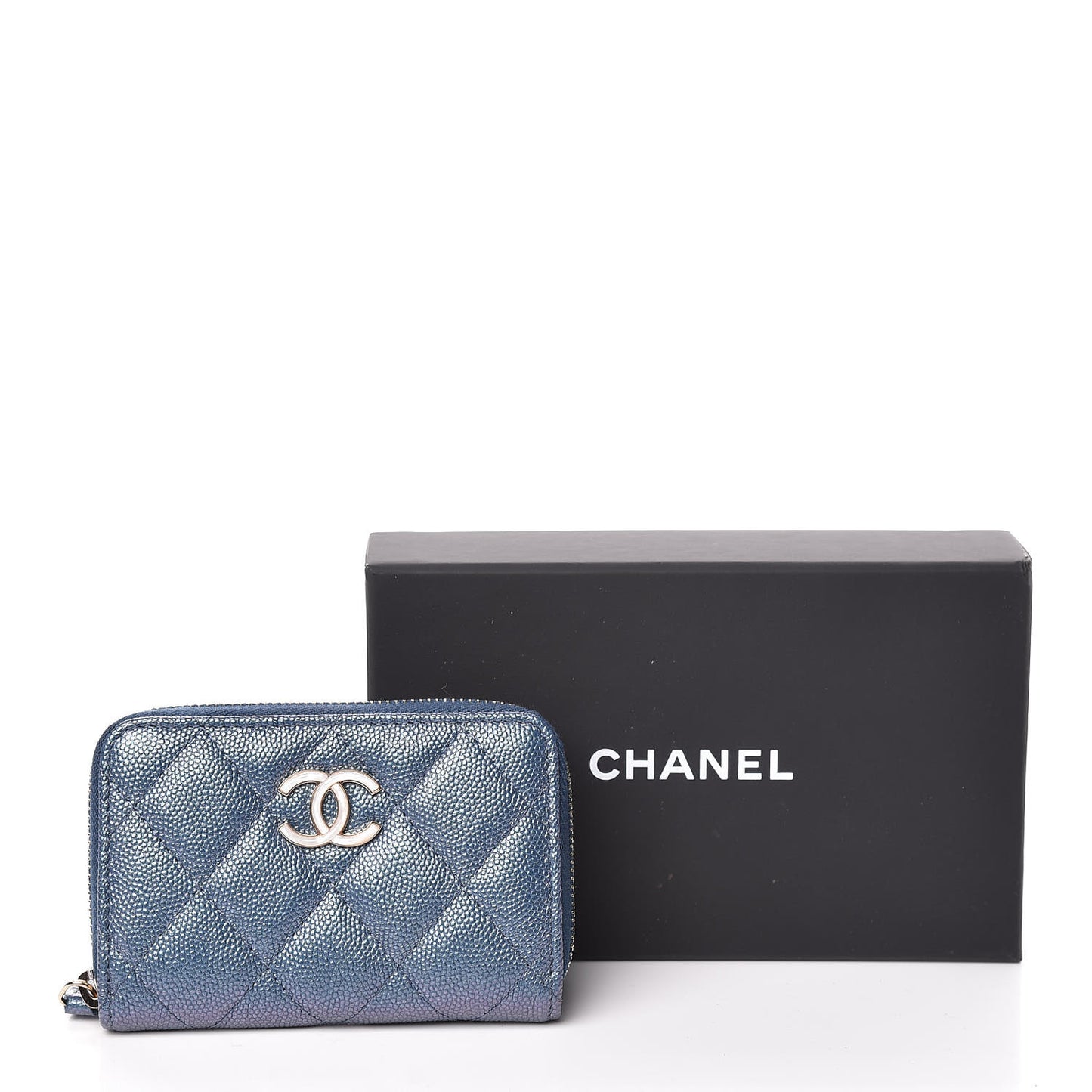 Iridescent Caviar Quilted Zip Coin Purse Blue