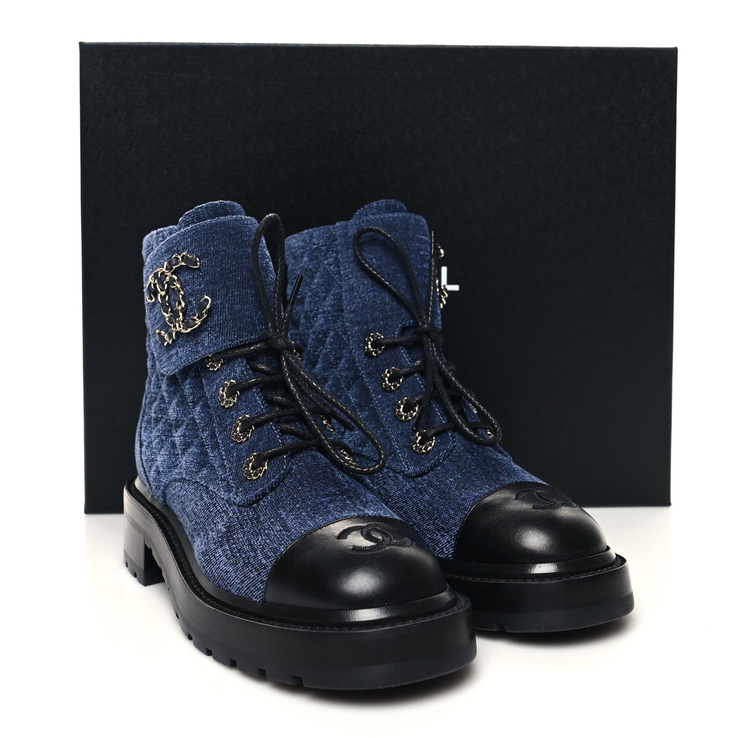 Shiny Calfskin Velvet Quilted Lace Up Combat Boots 37 Blue