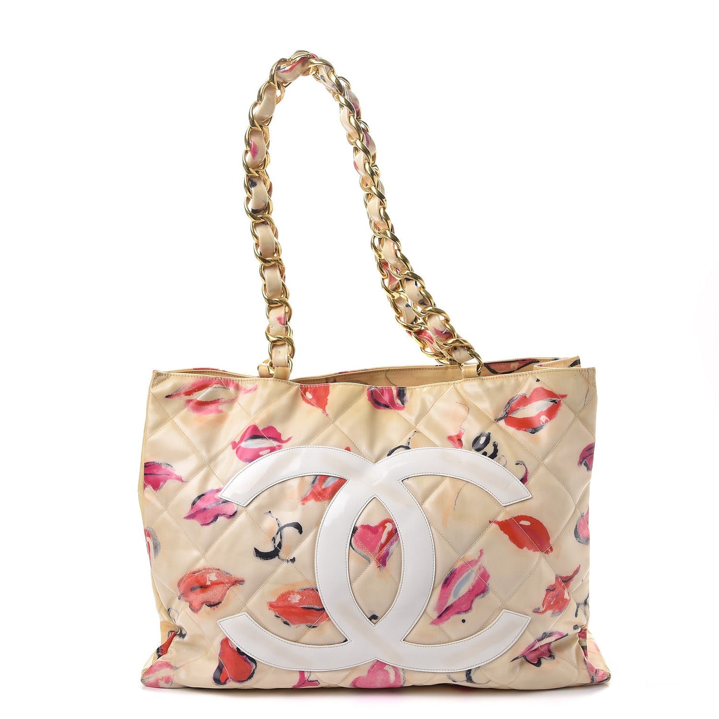 Coated Canvas Quilted Lips and Kisses Graffiti XL Tote Beige