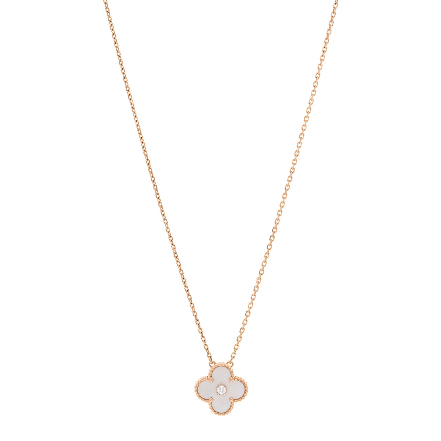 18K Rose Gold Diamond Mother of Pearl Vintage Alhambra Pendant Necklace