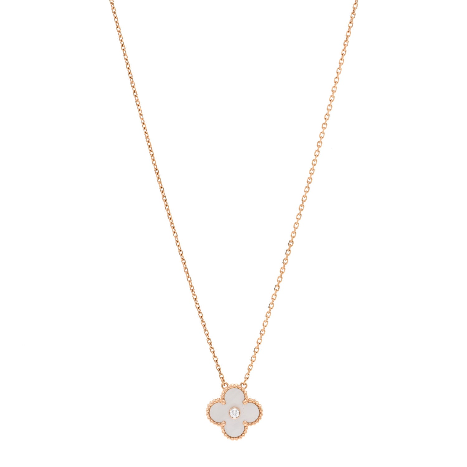 Van Cleef & Arpels 18K Rose Gold Diamond Mother of Pearl Vintage Alhambra Pendant Necklace 1 of 6