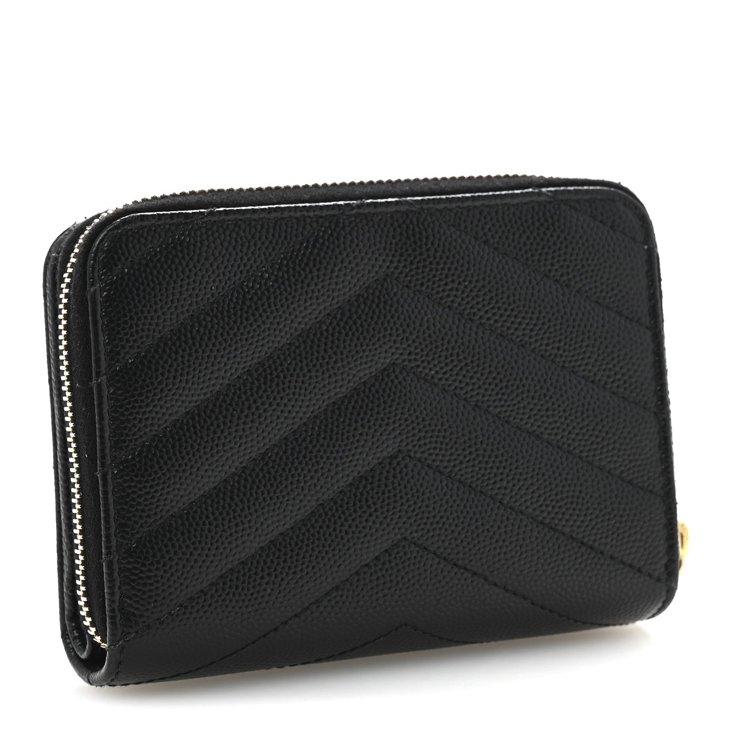 Saint Laurent Grain De Poudre Matelasse Chevron Monogram Compact Zip Around Wallet Black 3 of 9