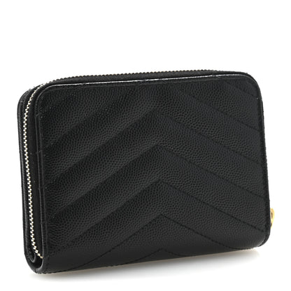 Saint Laurent Grain De Poudre Matelasse Chevron Monogram Compact Zip Around Wallet Black 3 of 9