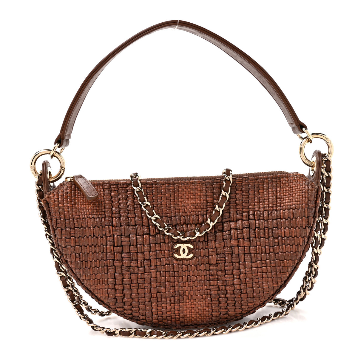 Braided Raffia Clutch With Chain Brown