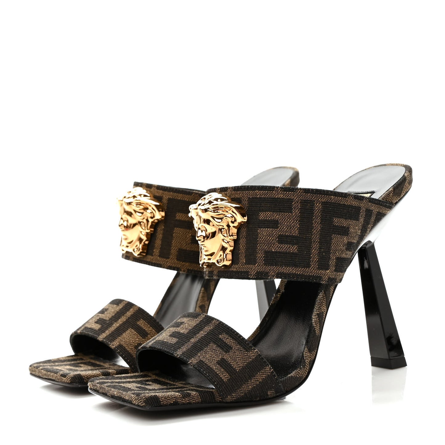 X FENDI Fabric Jacquard Fendace Medusa High Heel Mule Sandals 36 Tobacco Black