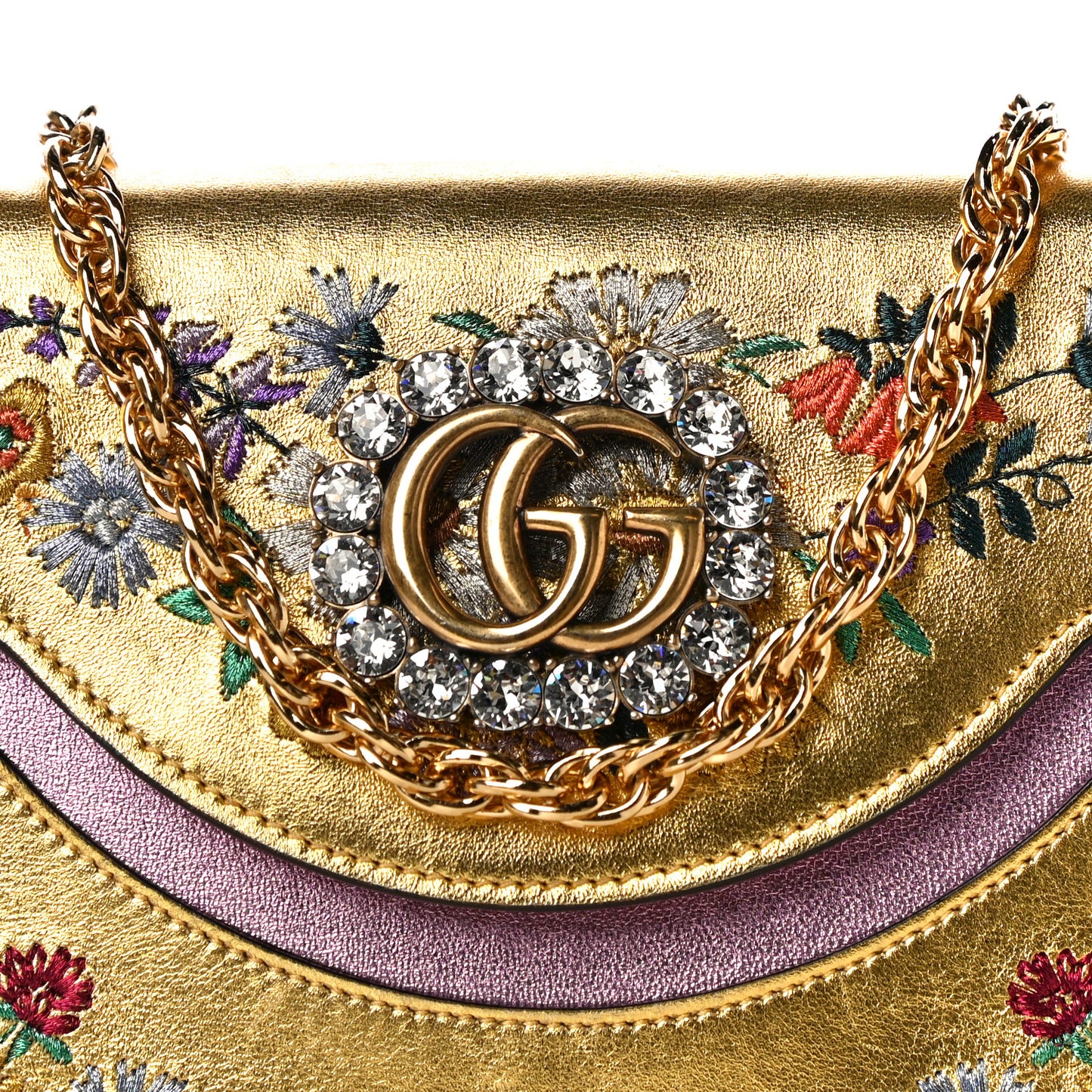 Metallic Calfskin Embroidered Small Shoulder Bag Gold