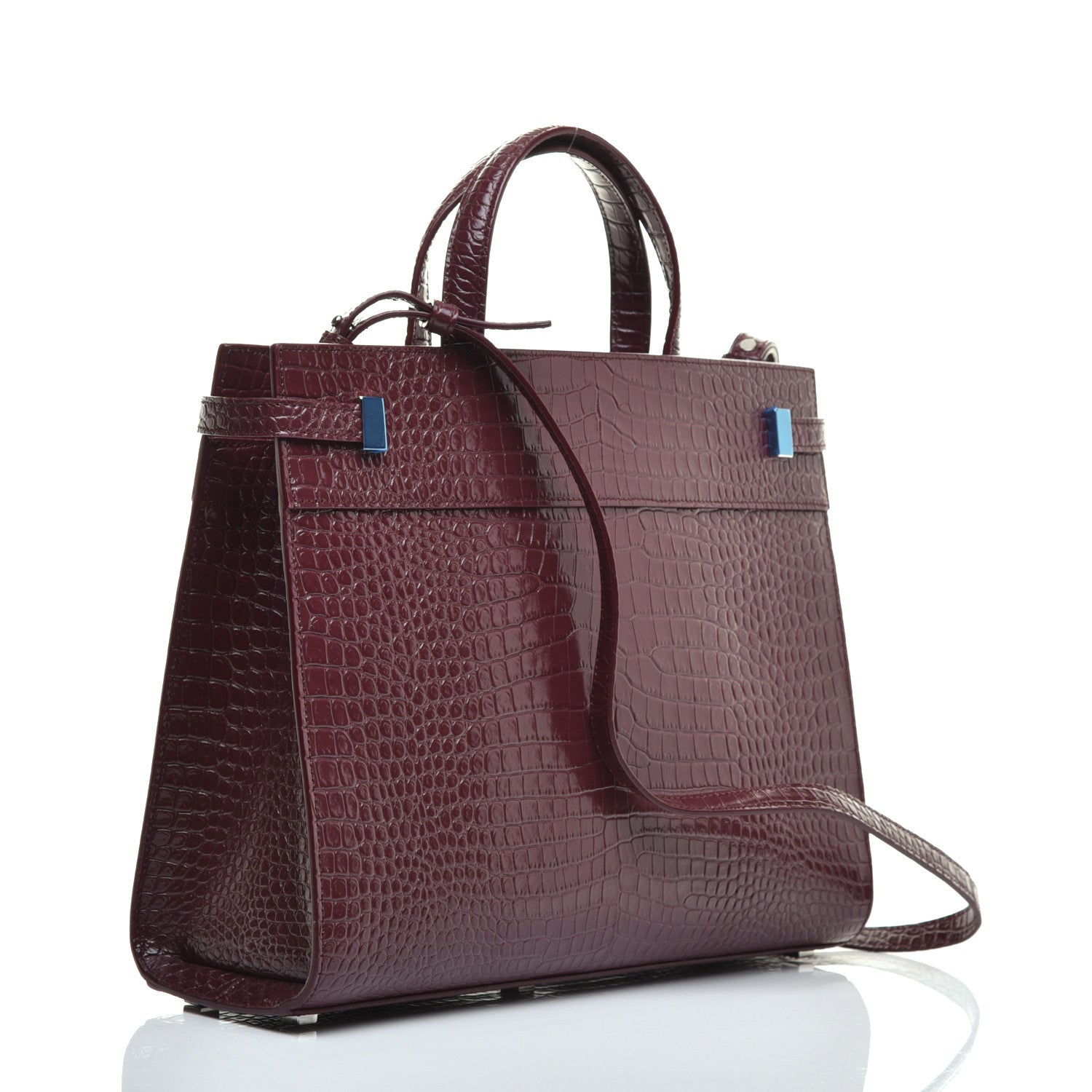 Saint Laurent Shiny Calfskin Crocodile Embossed Small Manhattan Shopper Tote Rouge Legion 3 of 9
