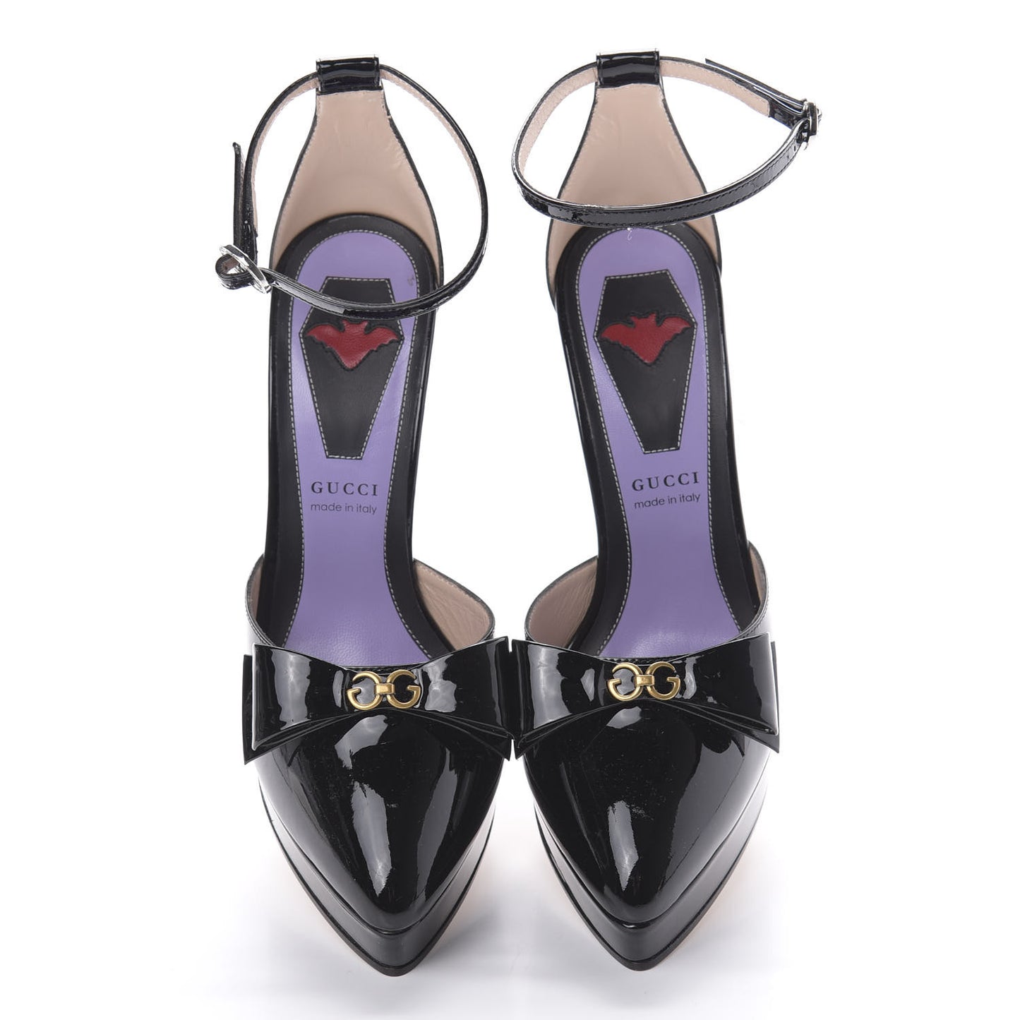 Patent Crystal GG Bow Sadie Spike Ankle Strap d'Orsay Platform High Heel Pumps 36 Black
