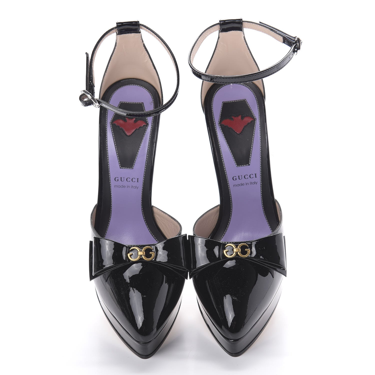 Gucci Patent Crystal GG Bow Sadie Spike Ankle Strap d'Orsay Platform High Heel Pumps 36 Black 6 of 10