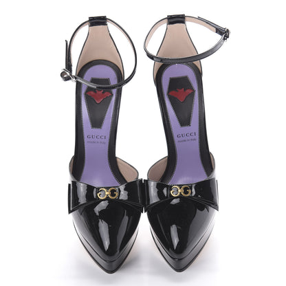 Gucci Patent Crystal GG Bow Sadie Spike Ankle Strap d'Orsay Platform High Heel Pumps 36 Black 6 of 10