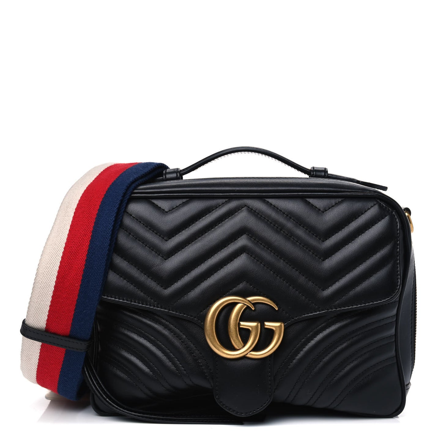 Calfskin Matelasse Sylvie Web Small GG Marmont Top Handle Shoulder Bag Black