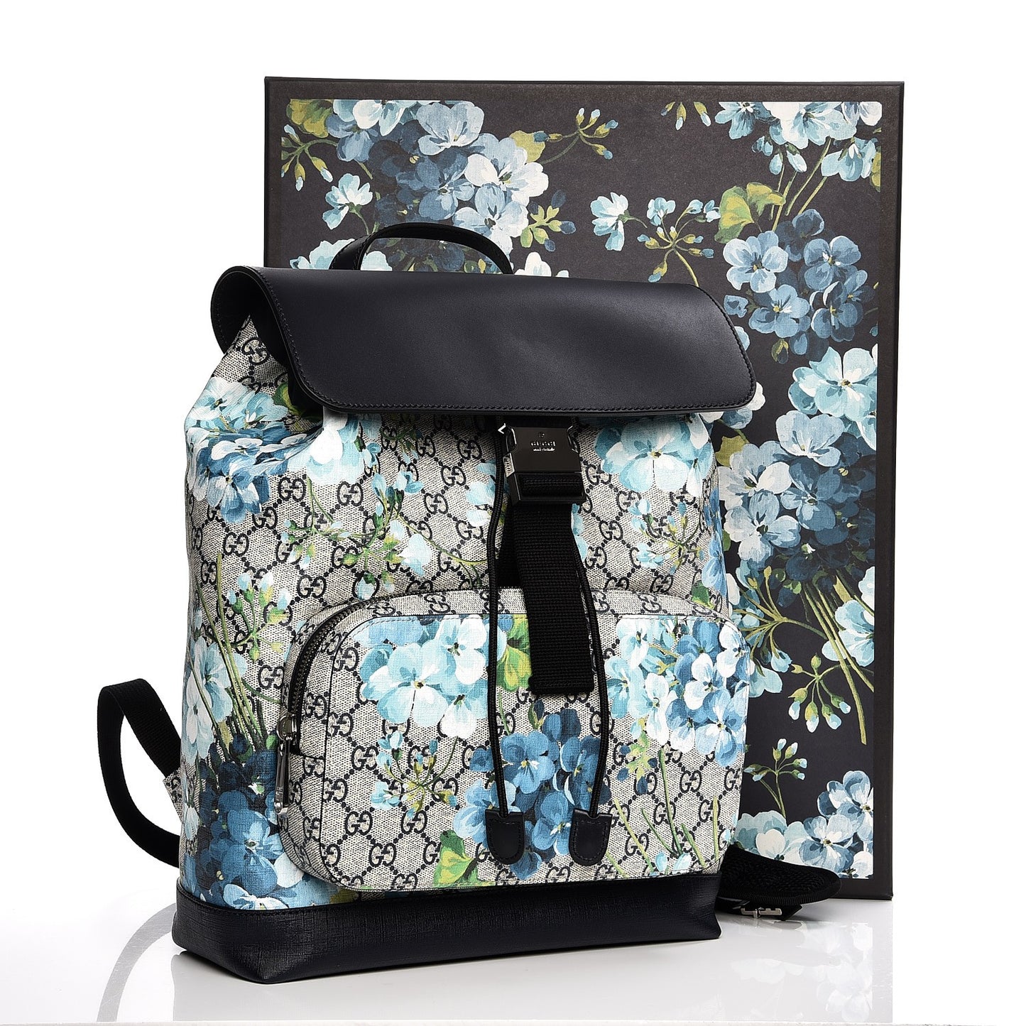 GG Supreme Monogram Blooms Medium Single Buckle Backpack Beige Blue Navy